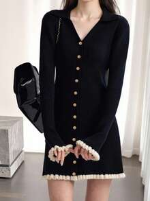 Alicedudu Đầm len nữ mùa thu/đông phối màu tương phản cổ chữ V dáng ôm màu đen - màu đen - Xem 1