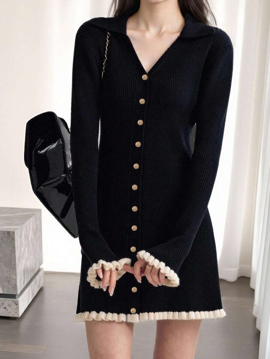 Alicedudu Đầm len nữ mùa thu/đông phối màu tương phản cổ chữ V dáng ôm màu đen - màu đen - Xem 1