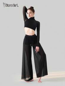 DonsGirl 女式高领短款上衣和超柔软弹力网眼阔腿裤套装 - 百搭黑色套装，适合空中瑜伽、现代/古典芭蕾舞表演服装 - 黑色 - 查看 5