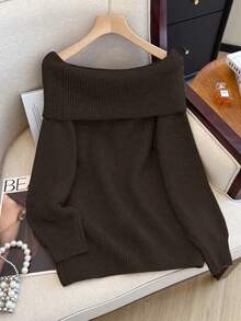 1 Áo len trơn hở vai, áo chui đầu dài tay thanh lịch, quyến rũ dành cho nữ - màu nâu - Xem 3