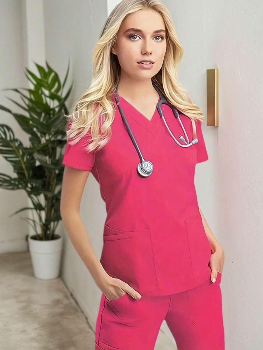Áo đồng phục phẫu thuật cổ chữ V tay ngắn có hai túi cho nữ - Màu Hồng Tươi - Xem 1