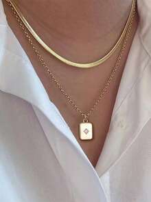 Nooxian 2 piezas Collar colgante de doble capa con cuchilla de acero inoxidable, cadena cuadrada de cobre con micro-incrustación de circonita brillante - Amarillo Oro - Ver 12