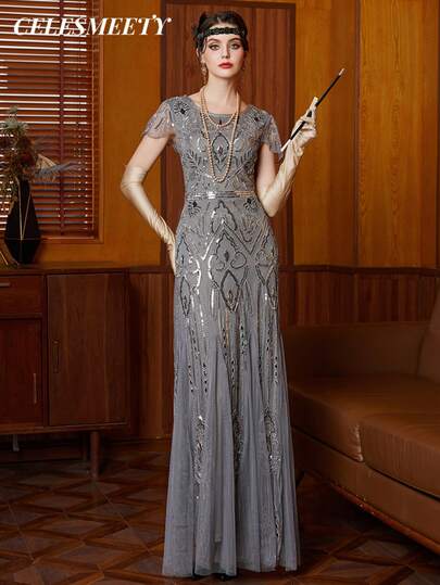 1920s Vintage Flapper V Neck Short Sleeve Women Party Wear With Fringe Long Sequin Beaded Prom Dress For Party, Wedding, Maternity Gowns Fall