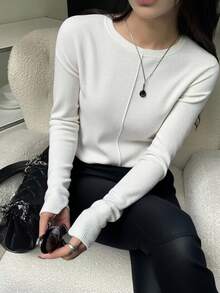 DAZY Women's Loose Business Casual Fashion Street Basic Long Sleeve T-Shirt, Patchwork Design, Autumn - White - View 1