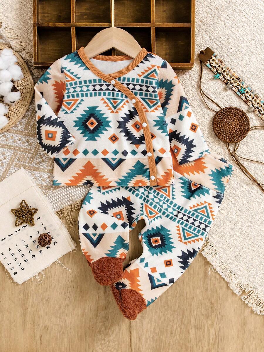Ramadan Traditional Set, Boys Graphic Pattern Crew Neck Long Sleeve Top And Elastic Waist Pants 2 Pieces Outfit, Suitable For Infant Daily Casual Wear