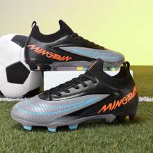 1双成人学生青少年高帮户外足球鞋，男士专业运动鞋，大码防滑耐磨AG钉FG天然草软地真草足球训练鞋系带真皮足球鞋，轻便高性能防滑设计高帮专业足球鞋 - 灰黑色 - 查看 1