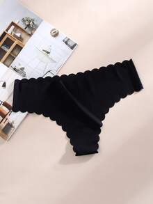 10 条装 女士丁字裤 纯色冰丝性感内裤 罗纹低腰女士内衣 带波边无痕内衣内裤，黑色 - 黑色 - 查看 4