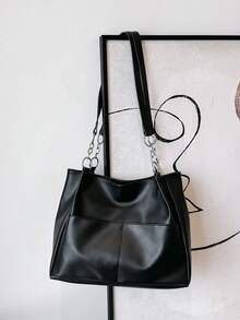 Multi-Pocket Solid Color Chain Handbag & Shoulder Bag - Black - View 7