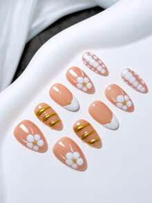 10pcs Short Almond Nude & White Elegant French Handmade Nails, Simple White Print, Gold Decorative Embellishment, Nail Supplies, Homemade Nails DIY Press On Nails Nail Art Acrylic False Nails; Suitable For Holiday, Parties, Daily Wear - White - View 2