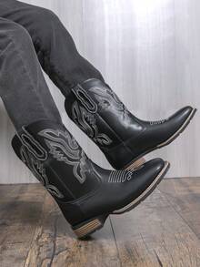 情侣款西部牛仔靴，男女通用 | 黑色刺绣中筒靴 | 复古防滑鞋底 | 时尚男女靴 - 日常穿着/街头穿搭/牛仔竞技