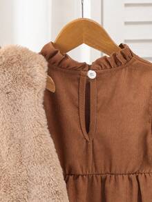 Young Girls Autumn 2pcs Set Solid Color Fur Bow Sleeveless Vest + Corduroy Casual Dress - Brown - View 5