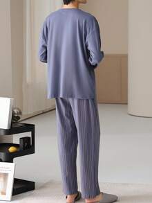【AICJ睡衣】男士休闲宽松睡衣两件套，圆领长袖上衣，侧条纹长裤，针织面料，适合派对、居家、旅行、春季、秋季、冬季穿着。 - 藏蓝色 - 查看 2