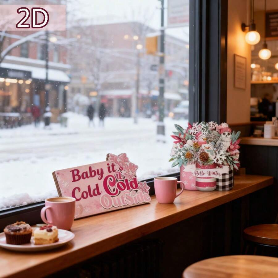 6 adornos navideños de madera para mesa: simpático muñeco de nieve, enano y camión. Decoración rústica para el hogar. - Rosa - Ver 1