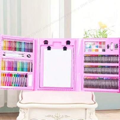 208pcs Children's Art Painting Set, For Boys And Girls, With Double-Sided Easel, Painting Brushes, Erasers, Pencil Sharpeners, Color Palettes, Beautiful Art Gift Box, Back To School/Birthday Gift, School Supplies (Packaging Pattern And Internal Components Color Random)