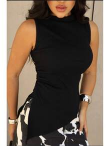 Women's Asymmetrical Ribbed Plain Blouse Summer 2025 | Sophisticated Casual Fashion Basic Look - Negro - Ver 5