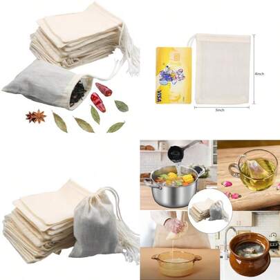 10Pcs Reusable Tea Filter Bag Soup Bone Broth Brew Spice Muslin Strainer Natural Unbleached Cotton Cheesecloth Bags For Cold Brew Coffee 3x4inch