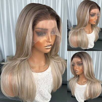 Kanekalon Futura Hair Blonde Ombre 13x4 Synthetic Lace Front Wigs For Women 18 Inch Medium Long Wavy Curtain Bangs Glueless Kanekalon Hair Resistant Synthetic Hair Wigs Middle Part 150% Density HD Transparent Wear And Go Wigs Heat Resistant Fiber Wigs For Women Daily Party Vacation Holiday Use