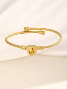 1pc Exquisite And Simple Gold Stainless Steel Heart With Letter Decoration Open Bracelet Children'S Jewelry Accessories Party Gifts Family And Friends Dress Up Accessories