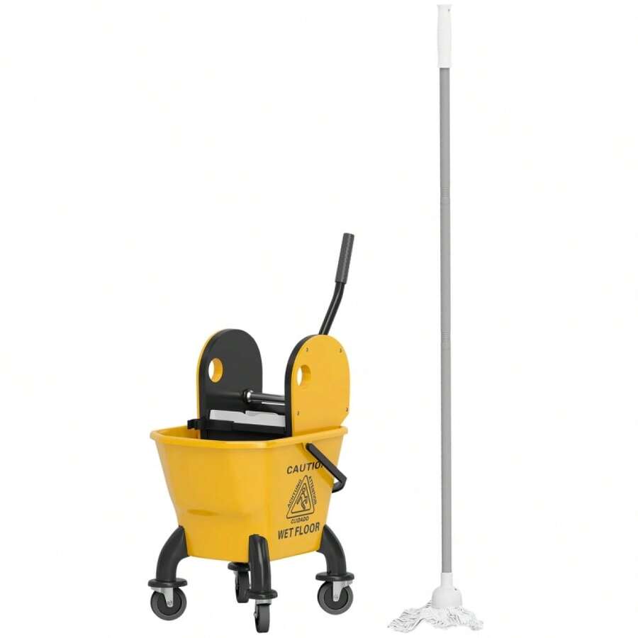 HOMCOM Cleaning Cart With 26 Liter Bucket And Wringer, Mop Cart With Handle And Mop For Building Cleaning, Yellow - 1 - View 1