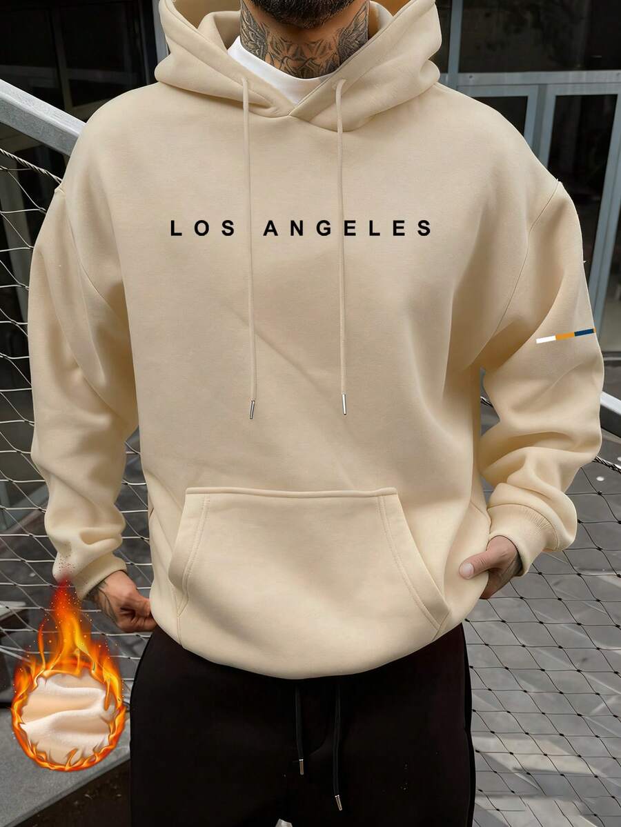 Krometka 男士秋冬极简黑色连帽卫衣 | 洛杉矶风情 - 杏色 - 查看 1