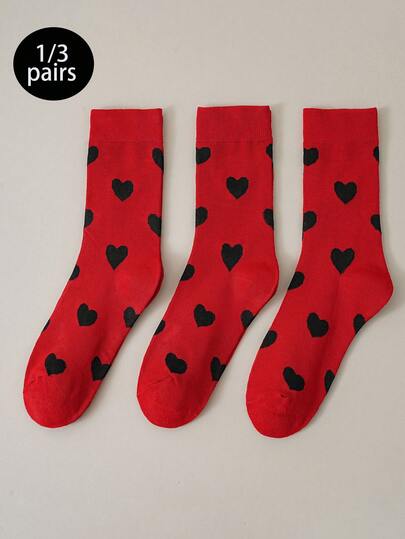 1/3 Pairs Happy Girl Spring/Summer Heart Print Solid Color Mid-Calf Socks, Comfortable Soft Breathable, Suitable For Daily, Street, Outdoor, Couples, Valentine's Day, Music Party