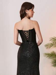Đầm dạ hội màu đen cổ chữ V, xếp tầng, đính sequin và thêu, kiểu đuôi cá, xẻ tà. - màu đen - Xem 6