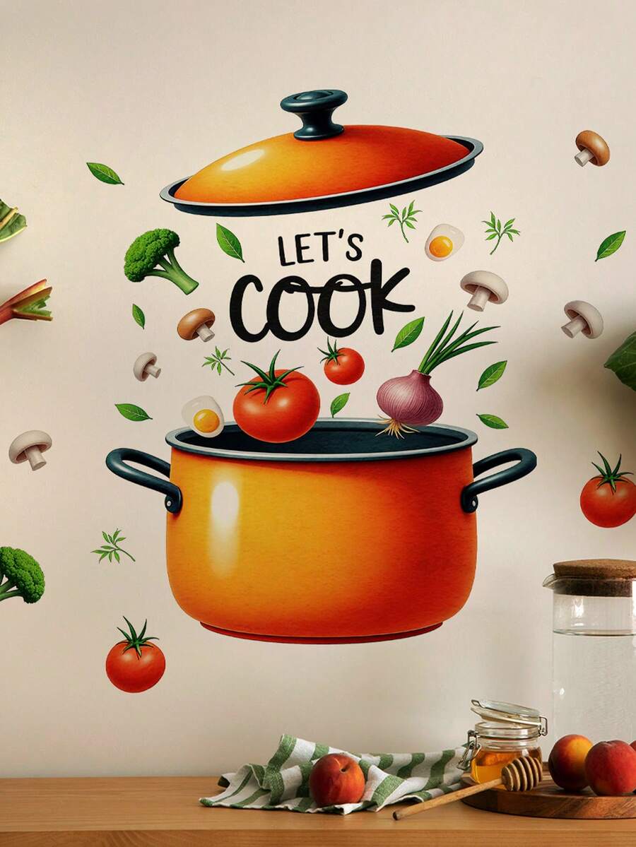 1/2/3pcs Creative Kitchen Pot Pan Wall Stickers, Includes Vegetable, Tomato, Onion, Greens And Egg Patterns, Home Decor Stickers. Suitable For Indoor And Outdoor Decoration, Ideal For Thanksgiving, New Year Home Decor And Gifts. - Multicolor - View 1