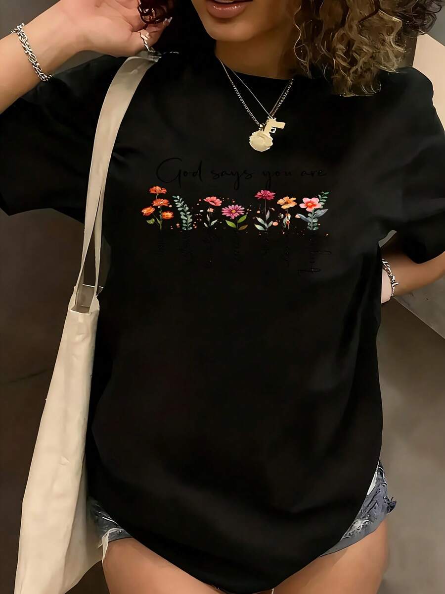 Uplifting Christian-Inspired Women's Plus Size T-Shirt Shirt Casual 220g Funny Oversized Graphic Short Sleeve 1 Pcs Tee Novelty Crew Neck Top 100% Polyester - 黑色 - 查看 1