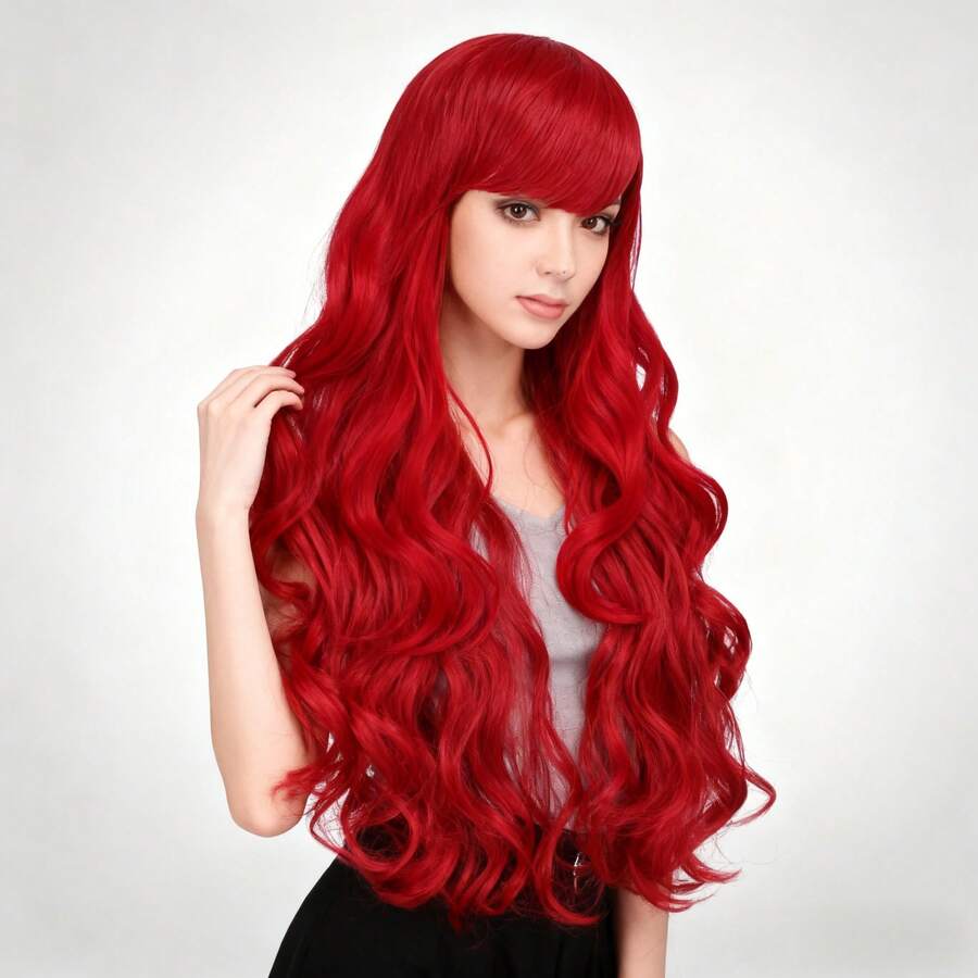 Peluca sintética roja larga y rizada de 28 pulgadas con flequillo, pieza completa para la cabeza de mujer - Rojo - Ver 1