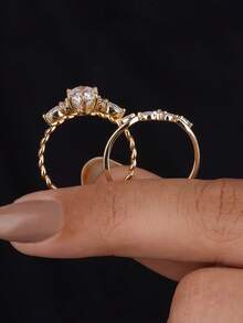 ESBERRY 2件套 925纯银 华丽闪亮十字椭圆锆石套装 女士结婚戒指 情人节礼物 订婚新娘首饰 - 橢圓鋯石套戒 - 查看 3