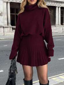 2026新款纯色休闲优雅商务办公居家外出约会返校长袖高领毛衣针织裙两件套，女士两件套，春季穿搭，女士音乐节穿搭，女士情人节穿搭，女士度假穿搭，女士生日穿搭，夏季假日穿搭，派对礼服，女士节日穿搭，Y2K风格，女士沙滩穿搭 - 暗紅色 - 查看 1