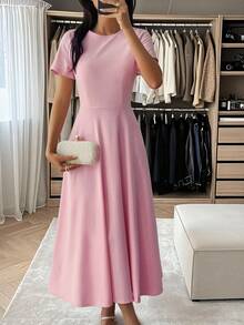 PoPoHouse 女士优雅性感短袖圆领长连衣裙，适合派对、通勤、度假等场合，粉色夏季款 - 粉色 - 查看 3