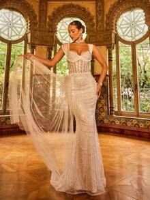 Faeriesty 优雅迷人的闪亮晚礼服，饰以精致的串珠和亮片——薄纱面料上点缀着垂直串珠扇形图案，修身鱼尾廓形 | 适合红毯活动、婚礼招待会、盛大生日派对、夏季度假派对等正式场合，白色春季款 - 白色 - 查看 10