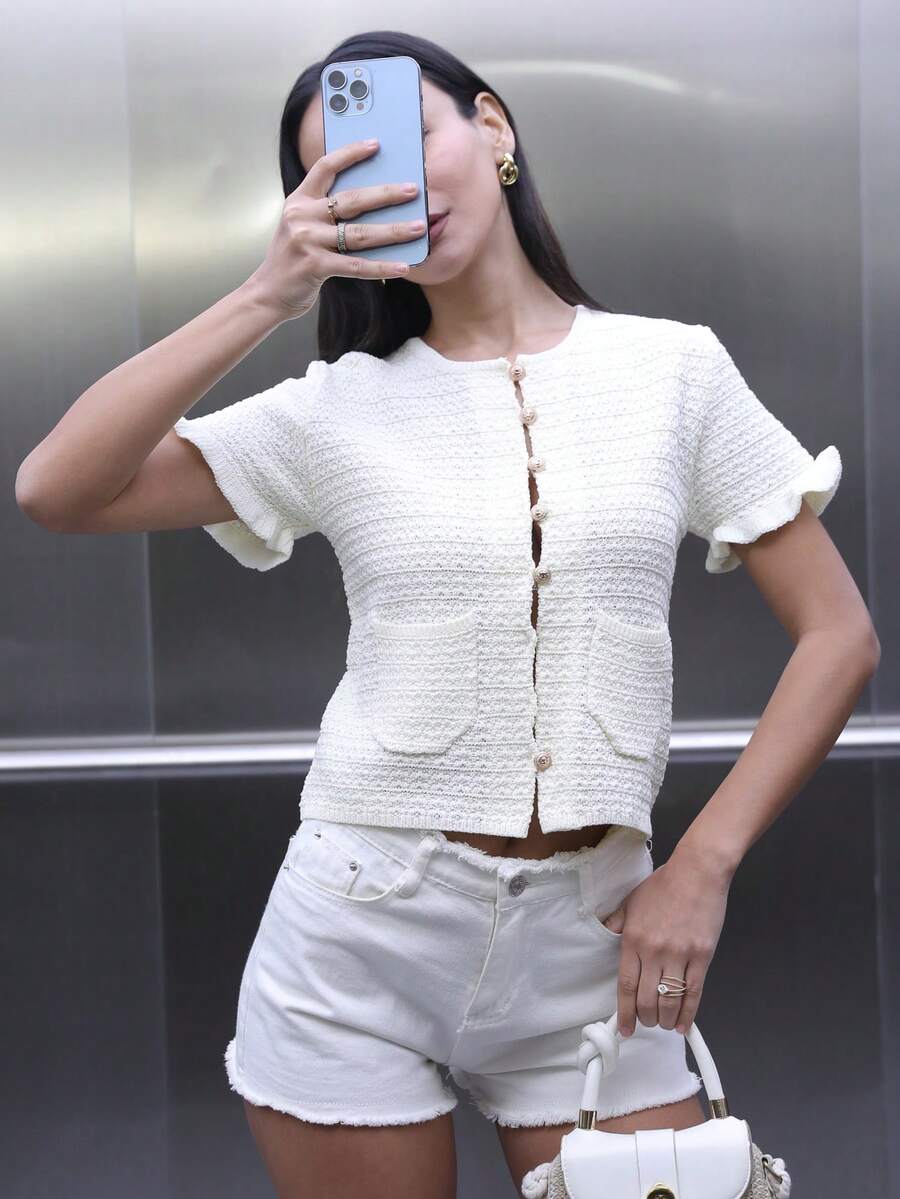 Áo khoác cardigan cho nữ, áo len mùa đông, áo cài nút, áo cardigan màu hồng nữ, áo len ngắn tay mùa hè dễ thương, áo khoác ngoài dệt kim, áo len crop top nữ, áo len đan. - Màu be - Xem 1