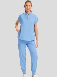 Women's V-Neck Pocket Top And Sports Pants Set, Stretchy Care Uniform Set, Work Uniform, Multi-Pocket Design - Baby Blue - View 2