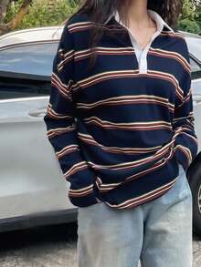 DAZY Áo thun tay dài kẻ sọc khối màu dáng rộng dành cho nữ, áo chui đầu thường ngày cho mùa xuân/hè, quần áo mùa thu - Màu xanh hải quân - Xem 7