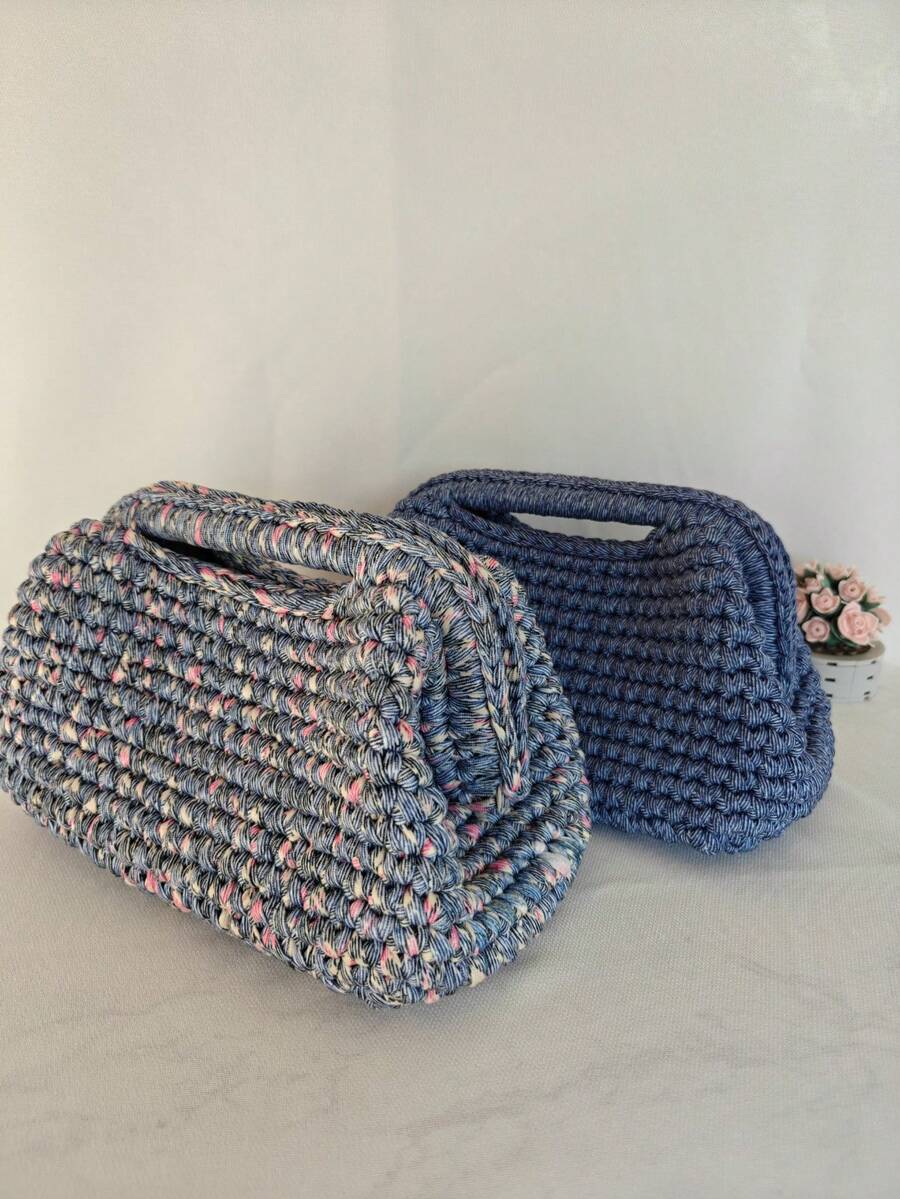手工钩编手拿包，混色蓝色纱线，优雅手提包，带手柄，女士