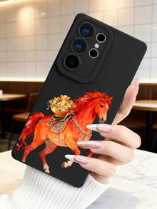 1 pieza Funda de teléfono con diseño de caballo rojo portando un recipiente lleno de lingotes de oro, estilo artístico inspirado en la cultura china ideal para celebraciones del Año Nuevo Chino y simbolismo de prosperidad, protección elevada para lente con diseño de ojo, resistente a golpes, compatible con iPhone17 ProMax/16/15/14/13/12/11/Plus/Pro/ProMax, compatible con Galaxy A34/A35/A54/A55, Galaxy S20/S21/S22/S23/S24/S25 Ultra/Plus, compatible con Galaxy/Redmi/Honor/OPPO/ViVo - Negro - Ver 3