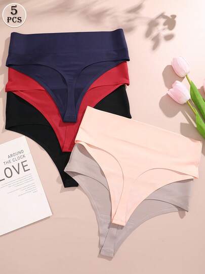 FINETOO 5 条装女士纯色高腰无缝舒适性感丁字裤