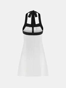 Women's Elegant Chic Commute Casual Vacation Afternoon Tea Romantic Contrast Color Halter Tie Waist A-Line Sleeveless Mini Dress With Metal Buckle Splice Color Block Design, Spring/Summer - Black and White - View 4