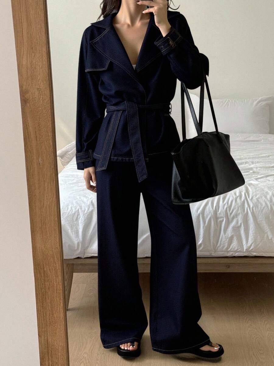 DAZY 女士翻领夹克和宽松牛仔裤套装 - 藍色 - 查看 1