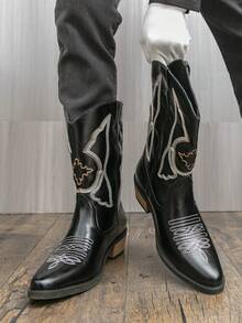 Western Style Cowboy Boots, Wedge Heel, Embroidered, Retro British Style, Couple Boots, Riding Boots, Black Boots