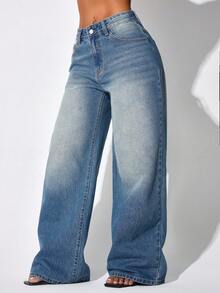 Quần jeans nữ ống rộng cạp thấp, màu xanh dương, có túi hai bên, kiểu dáng suông, thích hợp cho mùa thu và mùa xuân. - Xanh đậm - Xem 4
