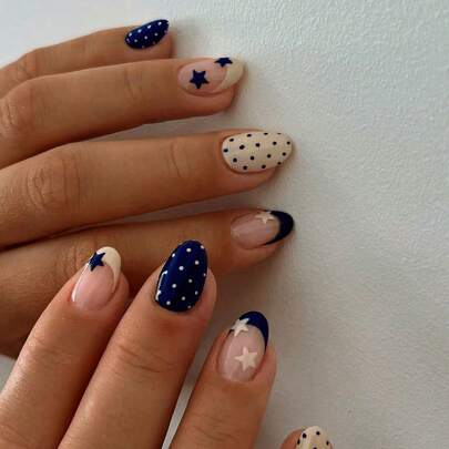 24pcs Oval Star Polka Dot Nail Stickers, Acrylic Material, Perfect Fit, Set Includes: 1pc Jelly Gel And 1pc Nail File. Short Nail Stickers Make Your Fingertips Shine Brilliantly, Suitable For Parties, Dancing And Daily Use. Nails Nail Supplies