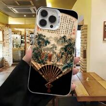 Cubierta de telefono con diseño de abanico chino estilo antiguo color negro con estampado de paisaje tradicional y caracteres chinos para uso diario en cafeterias y eventos culturales - Blanco - Ver 7