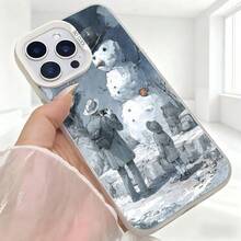 Cubierta de telefono con diseño de invierno azul claro con hombre y niño jugando con muñeco de nieve para iPhone 14 Pro Max funda protectora estilo vintage ideal para uso diario en cafeterias y salas de estar - Negro - Ver 5
