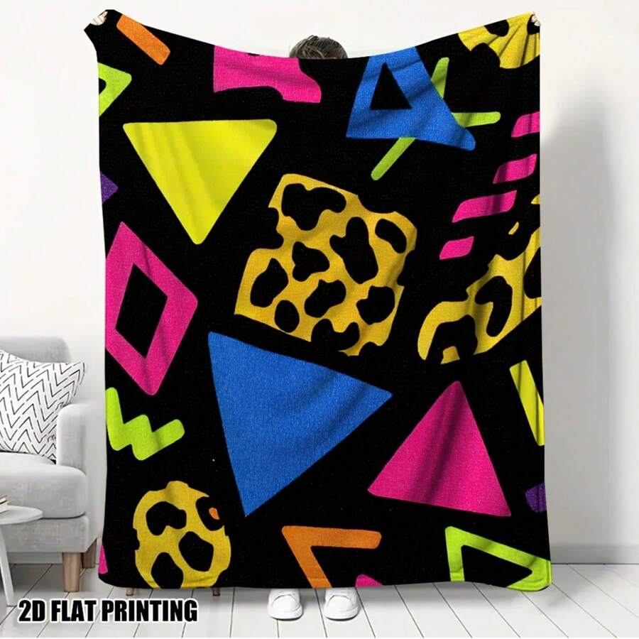 1pc Memphis Decor Print Flannel Throw Blanket - Machine Washable, Multi-Use, Ideal For Sofa, Beach, Camping, Office, All-Season Comfort, Vibrant Geometric Patterns, Durable Polyester Blend, Perfect For Home Decor, Beach Blanket | Vibrant Blanket | D-30*40in - 彩色 - 查看 1