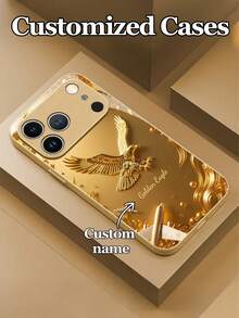 1pc Customizable Personalized Text With Luxury Gold Eagle Design Tempered Glass Phone Case, Compatible With Iphone 17 Pro Max/17 Air/16 Plus/15/17/13/12/11/XS Max/6 7 8 Plus, S25 Edge/S20/24 Plus/S23 FE/S21 Ultra, Fashion High-Definition Printing, Decorated With Gorgeous Gold Floral Pattern And Gold Aircraft Element, Best Gift For Friends, Classmates, Girlfriends, Brothers, Family - Gold - View 3