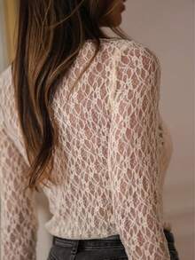 Women's Elegant Sheer Lace Long Sleeve Blouse, Versatile High Neck Top For Summer Party, Date, Commute Spring - White - View 2