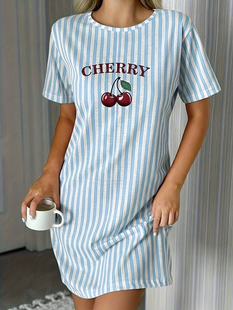 女士樱桃印花睡裙 - 休闲短袖圆领睡衣，饰以红色樱桃和樱花图案，轻盈条纹，舒适睡衣，俏皮设计，柔软面料